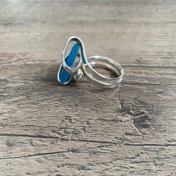 Azure Blue Beach Sea Glass Adjustable Silver RIng Sz 7 - Picture 7 of 10